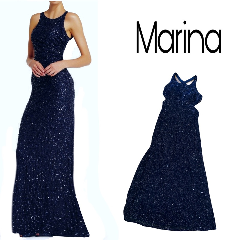 Halter Bodycon Navy Blue Beaded Dress Evening Gown